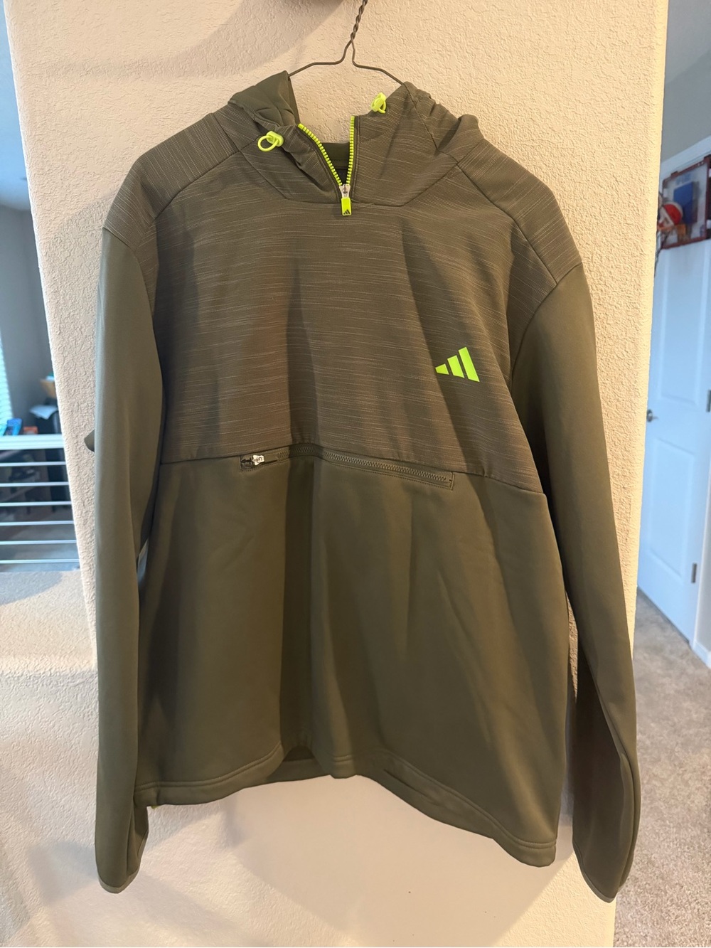 adidas Olive Green Hooded Pullover with Neon Accents